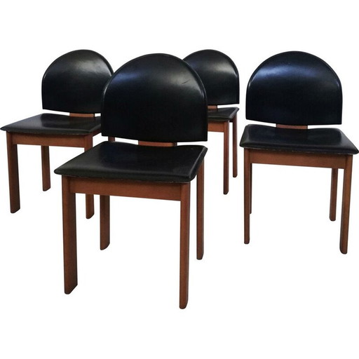 Set of 4 vintage sculptural chairs in leather and solid wood by Mobil Girgi, 1970-1980