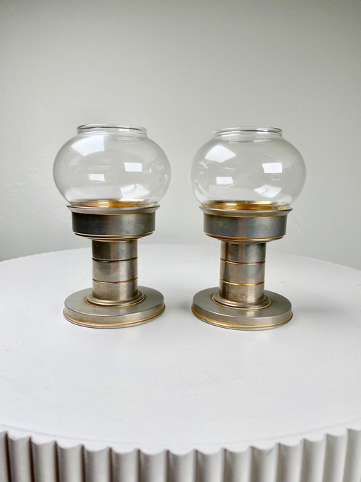 2X West German Föhl Silver & Brass Tone Table Lanterns/Candleholders With Removable Glass Domes - Unique Vintage From The '50-60