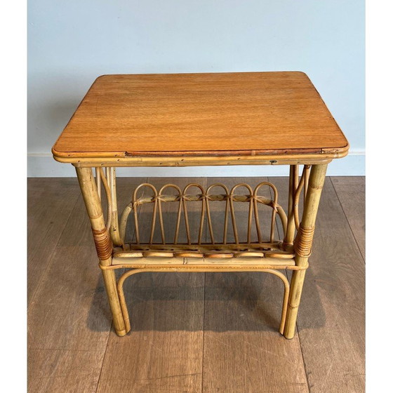 Image 1 of Pair of vintage sofa ends with rattan magazine rack, 1950