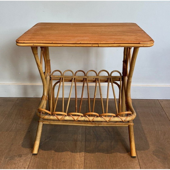 Image 1 of Pair of vintage sofa ends with rattan magazine rack, 1950