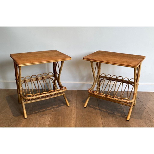 Par de extremos de sofá vintage con revistero de ratán, 1950