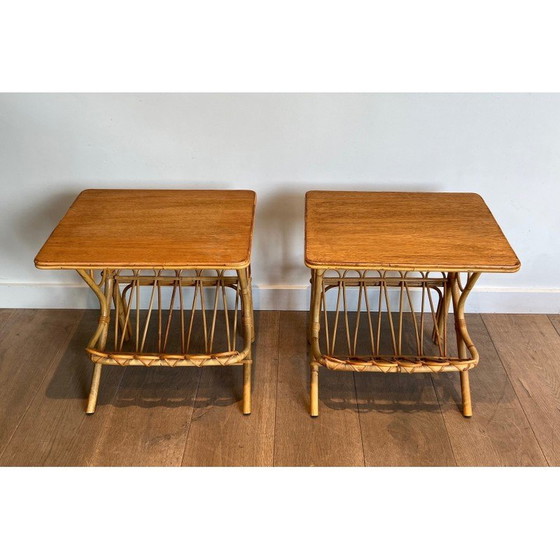 Image 1 of Pair of vintage sofa ends with rattan magazine rack, 1950