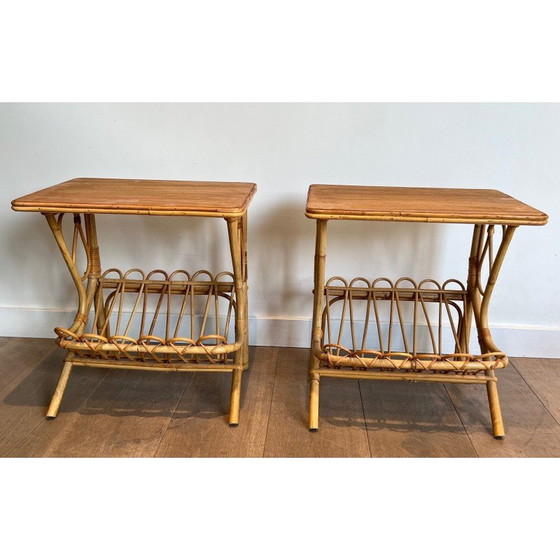 Image 1 of Pair of vintage sofa ends with rattan magazine rack, 1950