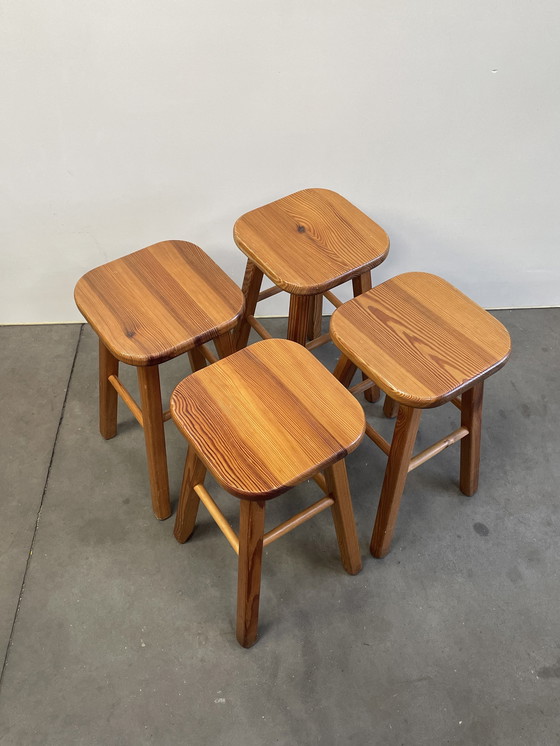 Image 1 of Set Of 4 Vintage Pine Stools, Scandinavian Design, 1970'S