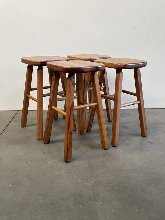 Image 1 of Set Of 4 Vintage Pine Stools, Scandinavian Design, 1970'S