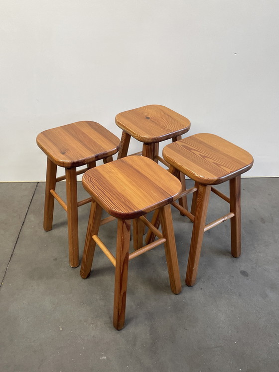 Image 1 of Set Of 4 Vintage Pine Stools, Scandinavian Design, 1970'S