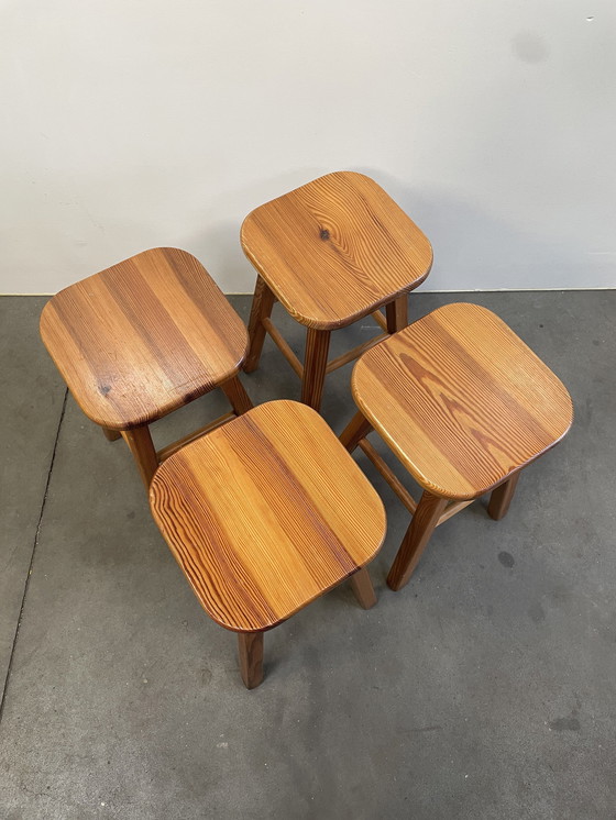 Image 1 of Set Of 4 Vintage Pine Stools, Scandinavian Design, 1970'S