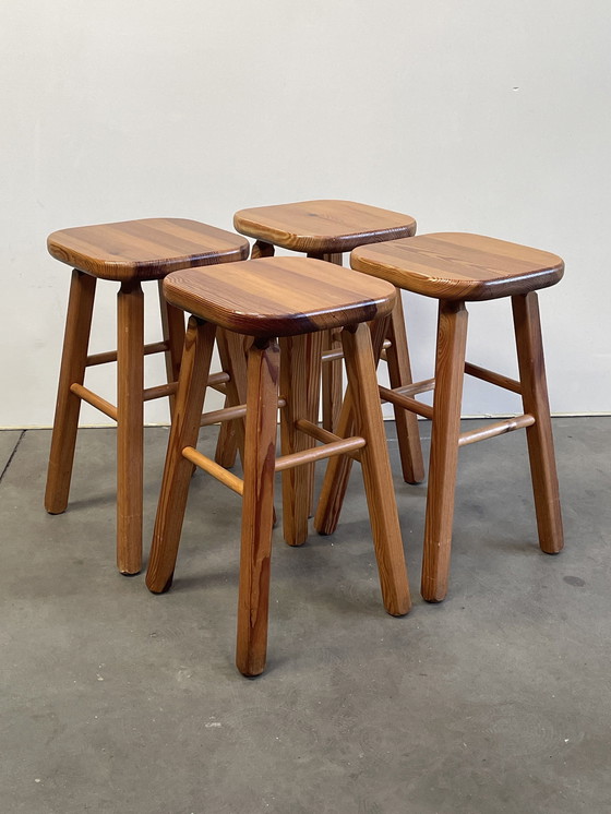 Image 1 of Set Of 4 Vintage Pine Stools, Scandinavian Design, 1970'S