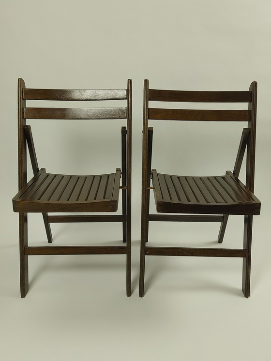 Image 1 of 2x Mid - Century Wooden Folding Chairs