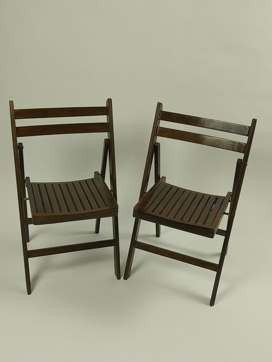 Image 1 of 2x Mid - Century Wooden Folding Chairs