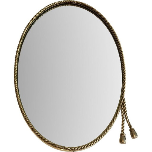 Specchio ovale vintage in ottone con una corda intorno