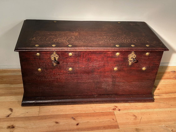 Image 1 of Antique Oak Blanket Chest Circa 1800 With 2 Locks