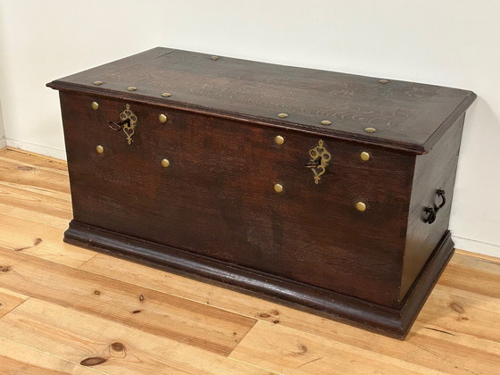 Image 1 of Antique Oak Blanket Chest Circa 1800 With 2 Locks