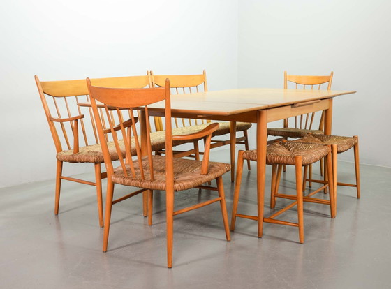 Image 1 of Beechwood Spindle Back Scandinavian Design Dining Set in Style of Arno Lambrecht with Rush Wicker Seatings and Large Extendable 