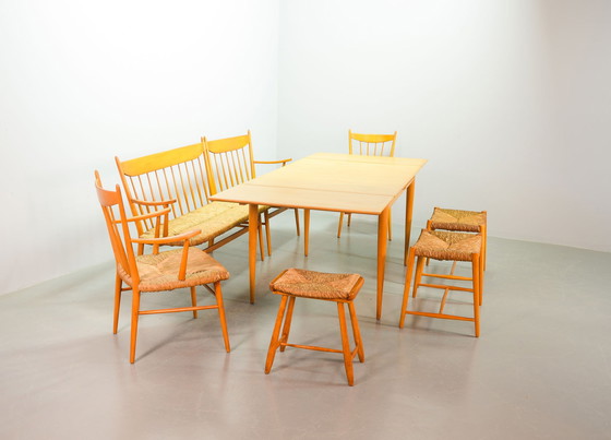 Image 1 of Beechwood Spindle Back Scandinavian Design Dining Set in Style of Arno Lambrecht with Rush Wicker Seatings and Large Extendable 