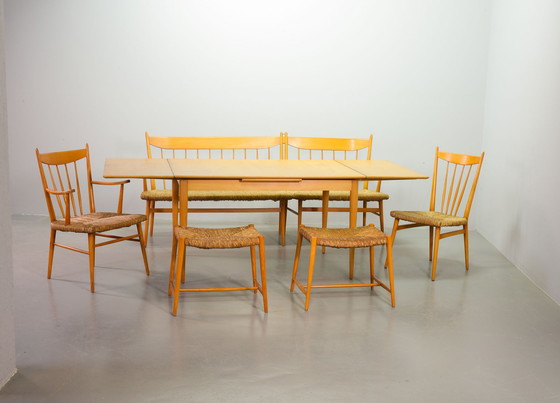 Image 1 of Beechwood Spindle Back Scandinavian Design Dining Set in Style of Arno Lambrecht with Rush Wicker Seatings and Large Extendable 