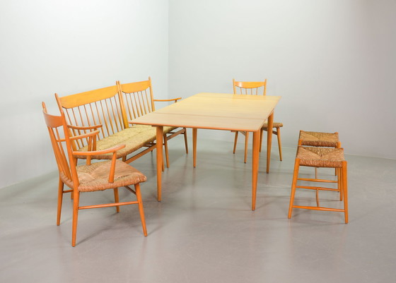 Image 1 of Beechwood Spindle Back Scandinavian Design Dining Set in Style of Arno Lambrecht with Rush Wicker Seatings and Large Extendable 