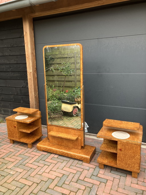 Art Deco Nightstands, Mirror And Drawer Cabinet