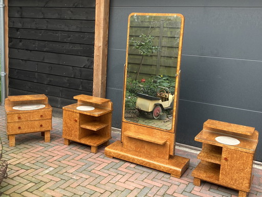 Art Deco Nightstands, Mirror And Drawer Cabinet