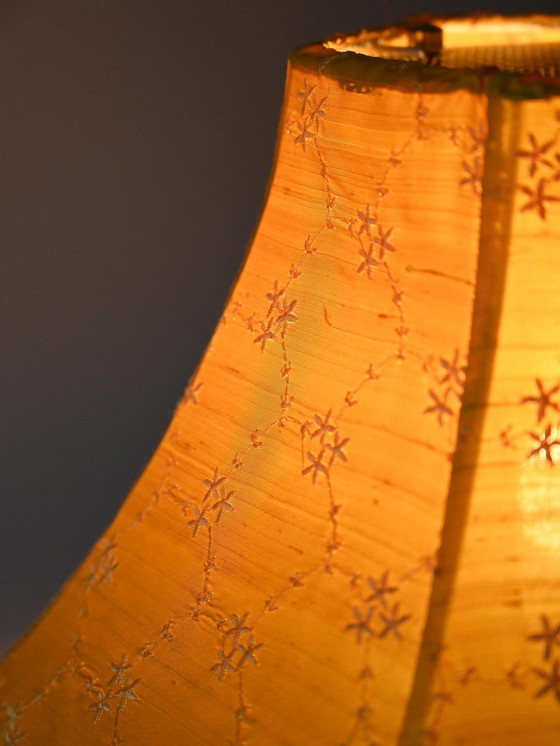 Image 1 of Vintage Yellow Lampshade Floor Lamp – Mid-Century Golden Metal Base