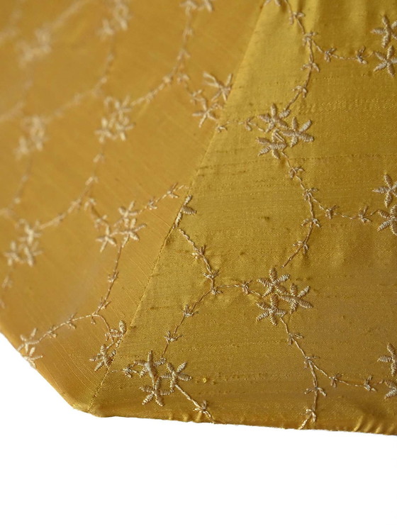 Image 1 of Vintage Yellow Lampshade Floor Lamp – Mid-Century Golden Metal Base