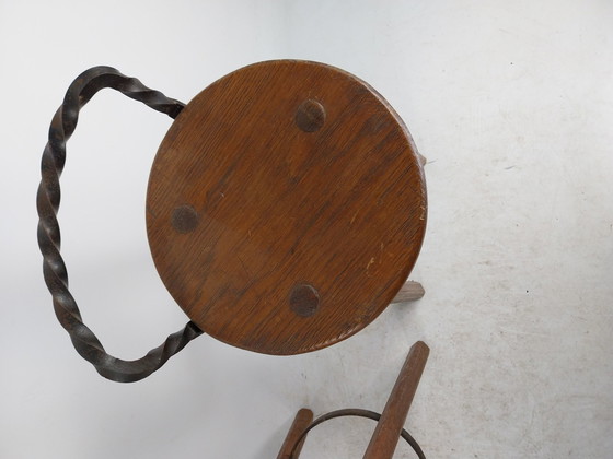 Image 1 of 3 X Brutalist Barstools 1970's Wrought Iron And Wood