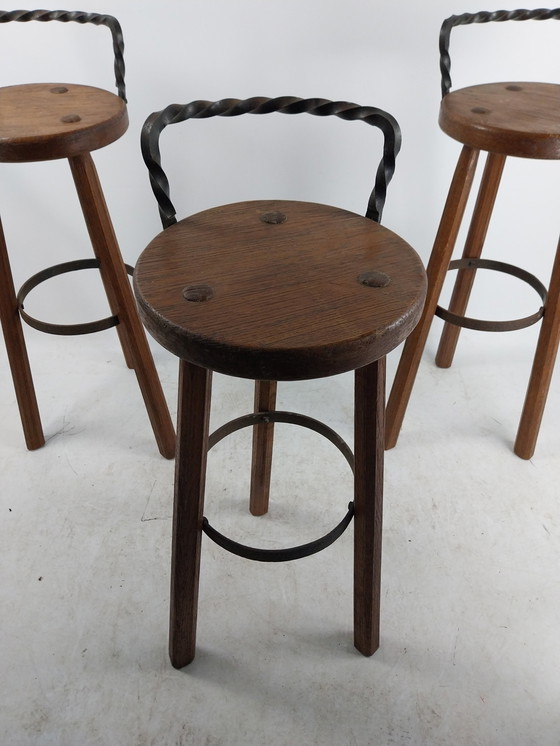 Image 1 of 3 X Brutalist Barstools 1970's Wrought Iron And Wood