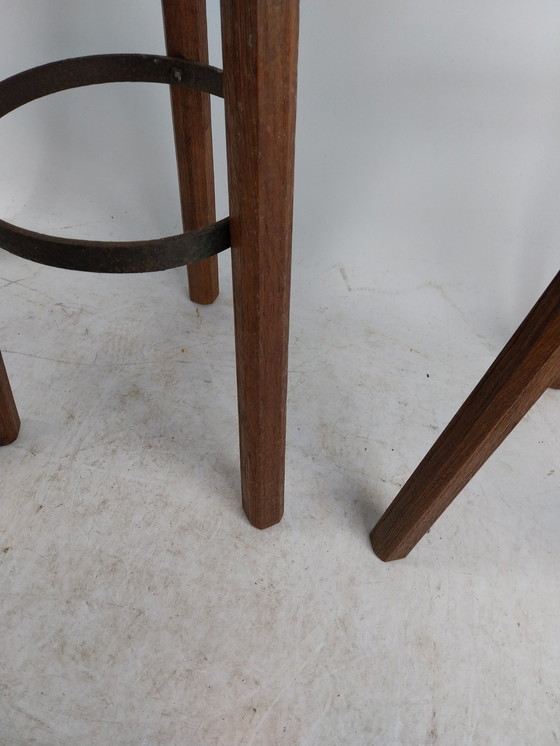 Image 1 of 3 X Brutalist Barstools 1970's Wrought Iron And Wood