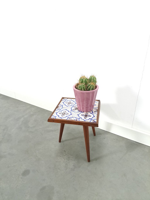 Side Table With Blue Tile Top And Wooden Legs No. 12 Plant Table