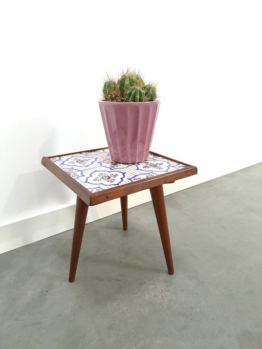 Side Table With Blue Tile Top And Wooden Legs No. 12 Plant Table