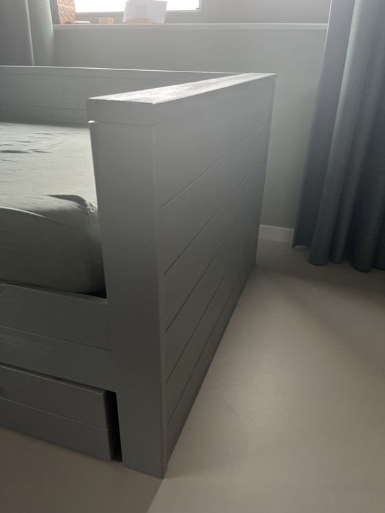 Image 1 of Dennis Woood Bed Gray With Drawer And Slatted Base