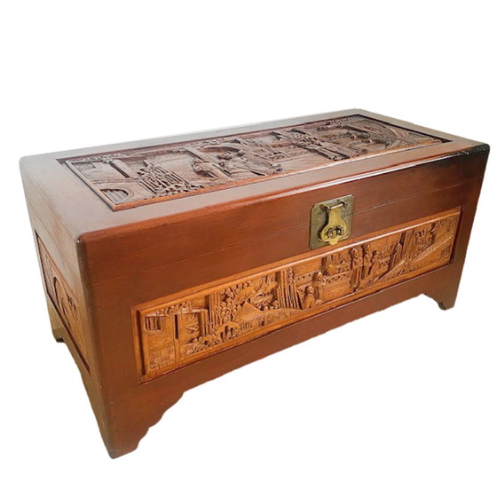 Image 1 of Antique blanket chest camphor chest wood carving