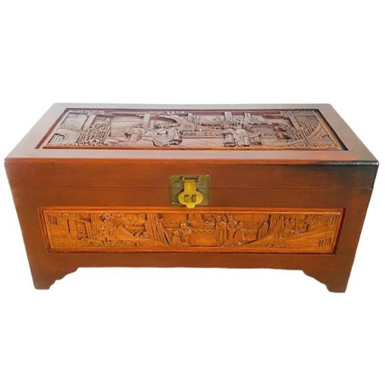 Image 1 of Antique blanket chest camphor chest wood carving