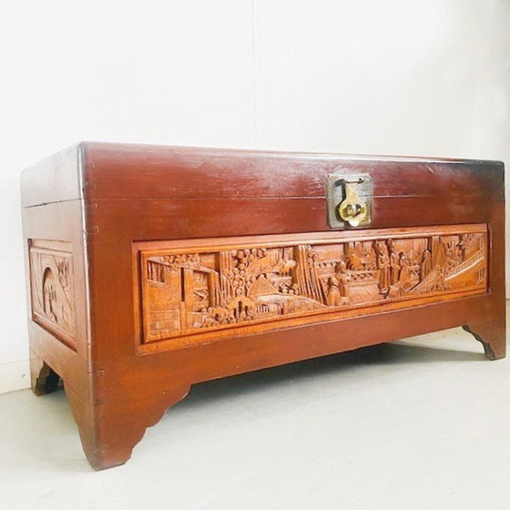 Image 1 of Antique blanket chest camphor chest wood carving