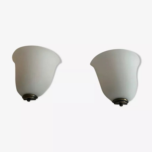2X Vintage Wall Lights Verre De Vianne, Opaline Et Laiton, Domec France 1970