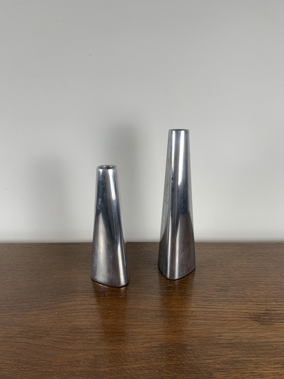 Image 1 of Duo Of Silver Aluminum Candle Holders, Ikea 1980