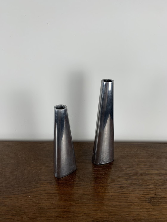 Image 1 of Duo Of Silver Aluminum Candle Holders, Ikea 1980