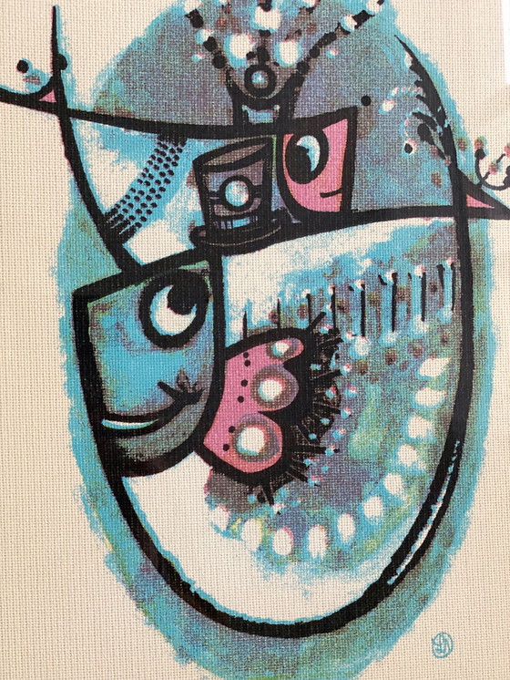 Image 1 of 1x Lars Nyman textile wall hanging with fish - Signé