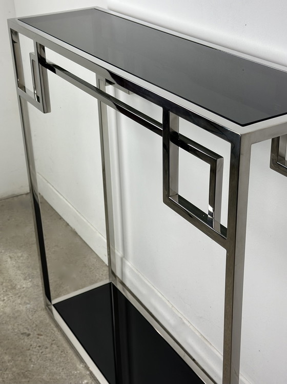 Image 1 of Art Deco Chromed Metal Console With Black Glass Top