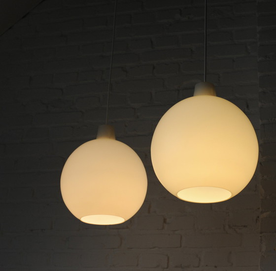 Image 1 of Set Of 2 Vilhelm Wohlert Opaline Glass "Satellit" Pendant Lamps For Louis Poulsen