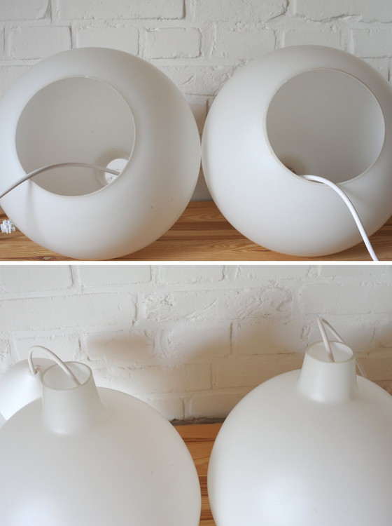 Image 1 of Set Of 2 Vilhelm Wohlert Opaline Glass "Satellit" Pendant Lamps For Louis Poulsen