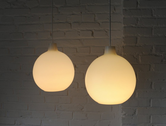 Image 1 of Set Of 2 Vilhelm Wohlert Opaline Glass "Satellit" Pendant Lamps For Louis Poulsen