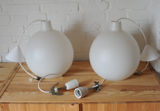 Image 1 of Set Of 2 Vilhelm Wohlert Opaline Glass "Satellit" Pendant Lamps For Louis Poulsen