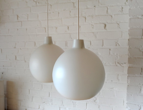 Image 1 of Set Of 2 Vilhelm Wohlert Opaline Glass "Satellit" Pendant Lamps For Louis Poulsen