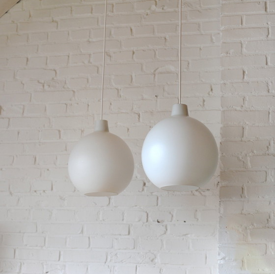 Image 1 of Set Of 2 Vilhelm Wohlert Opaline Glass "Satellit" Pendant Lamps For Louis Poulsen