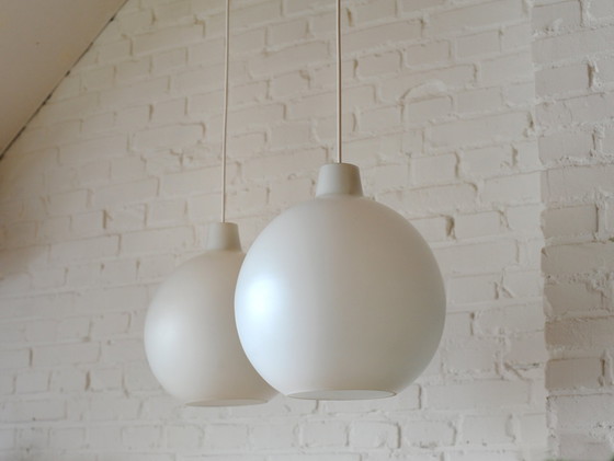 Image 1 of Set Of 2 Vilhelm Wohlert Opaline Glass "Satellit" Pendant Lamps For Louis Poulsen