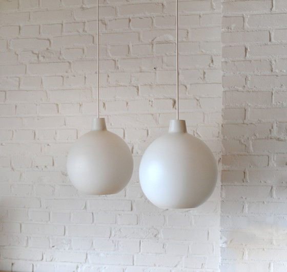 Image 1 of Set Of 2 Vilhelm Wohlert Opaline Glass "Satellit" Pendant Lamps For Louis Poulsen