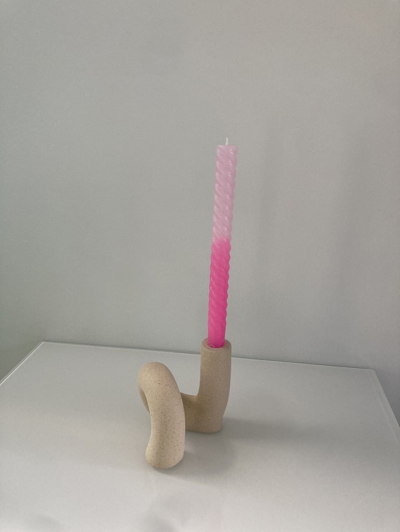 Image 1 of Unique Tubular Candlestick Of Beige Raw Ceramic