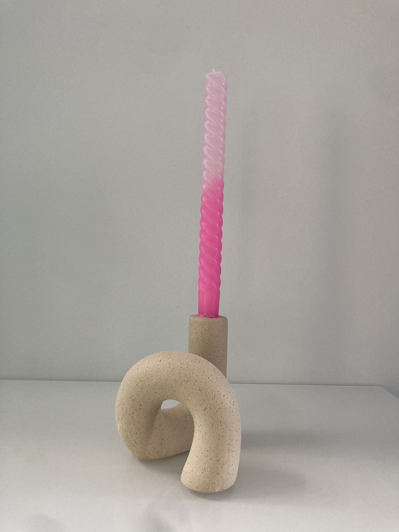 Image 1 of Unique Tubular Candlestick Of Beige Raw Ceramic