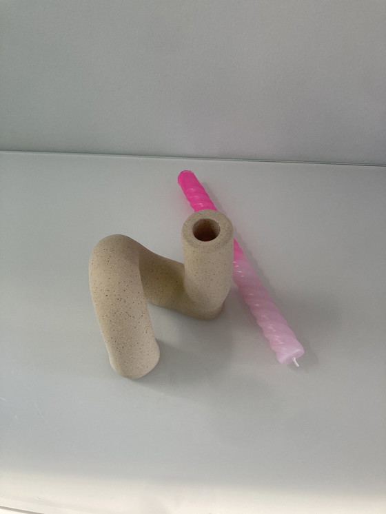 Image 1 of Unique Tubular Candlestick Of Beige Raw Ceramic